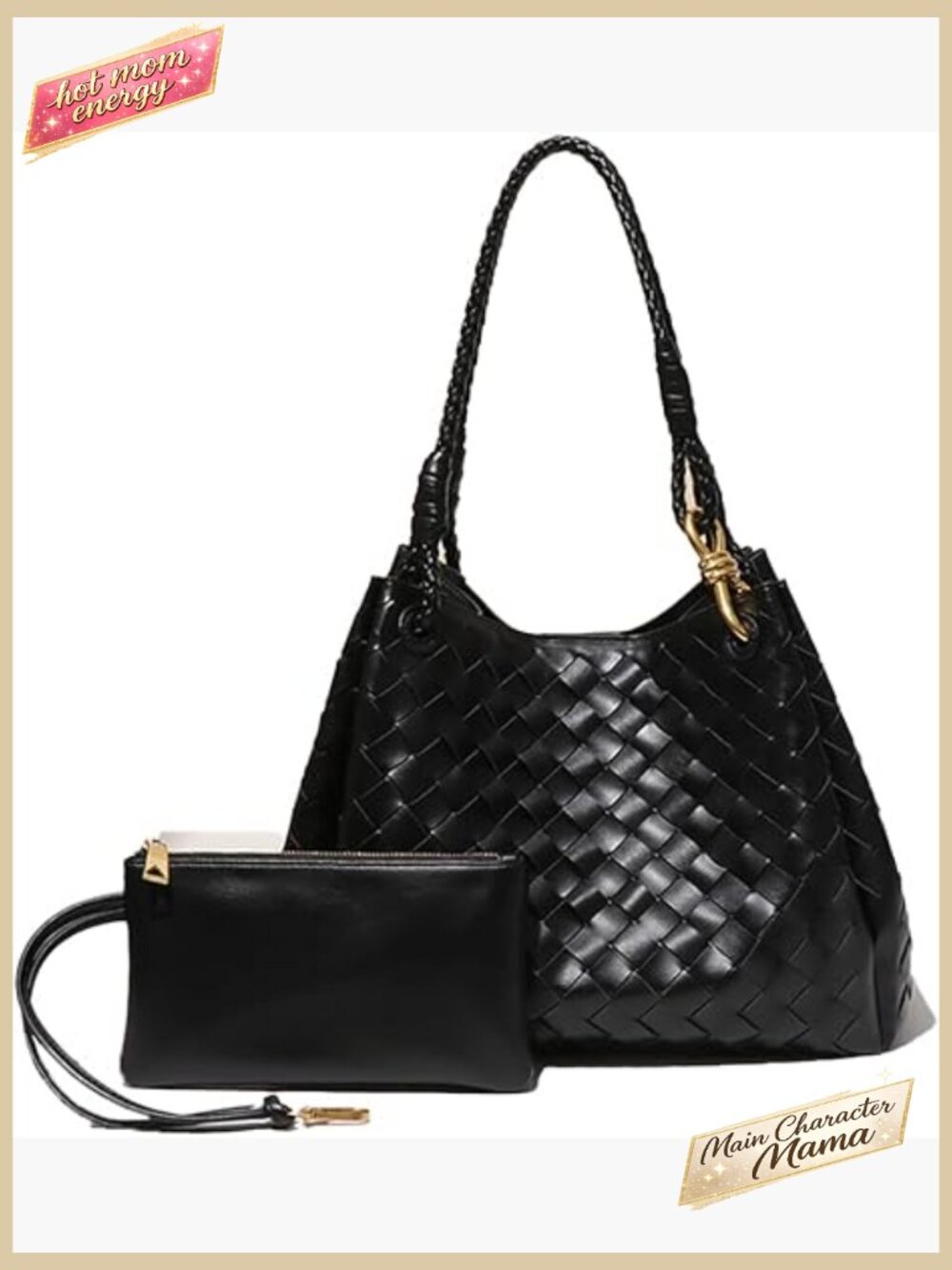 2 Pcs Slouchy PU Leather Woven Bucket Hobo Bags Shoulder Crossbody Purse